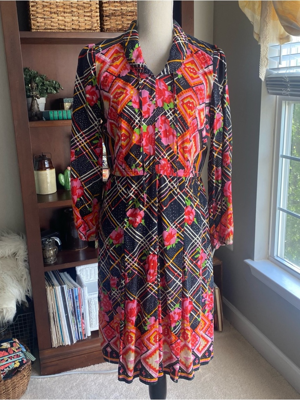 Vintage Black Multicolor Floral Plaid Long-Sleeve Dress EUC